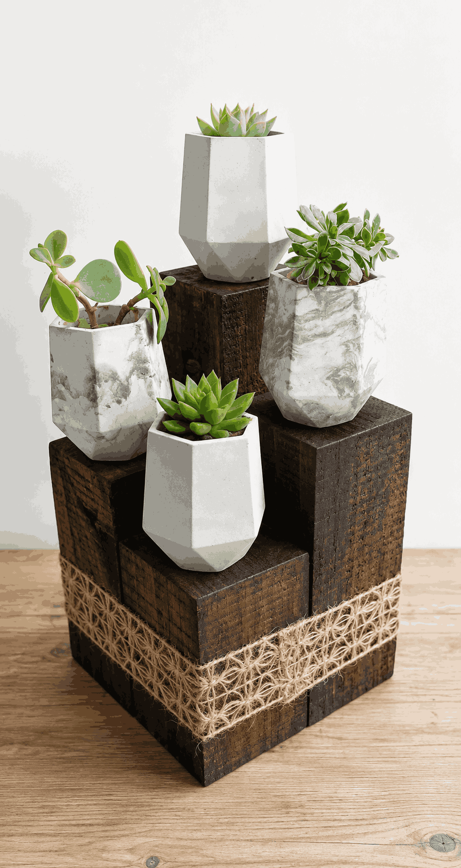 porta macetero Porta Maceteros de Madera y Yeso – 4 Maceteros Modelo 3 - Imagen 1